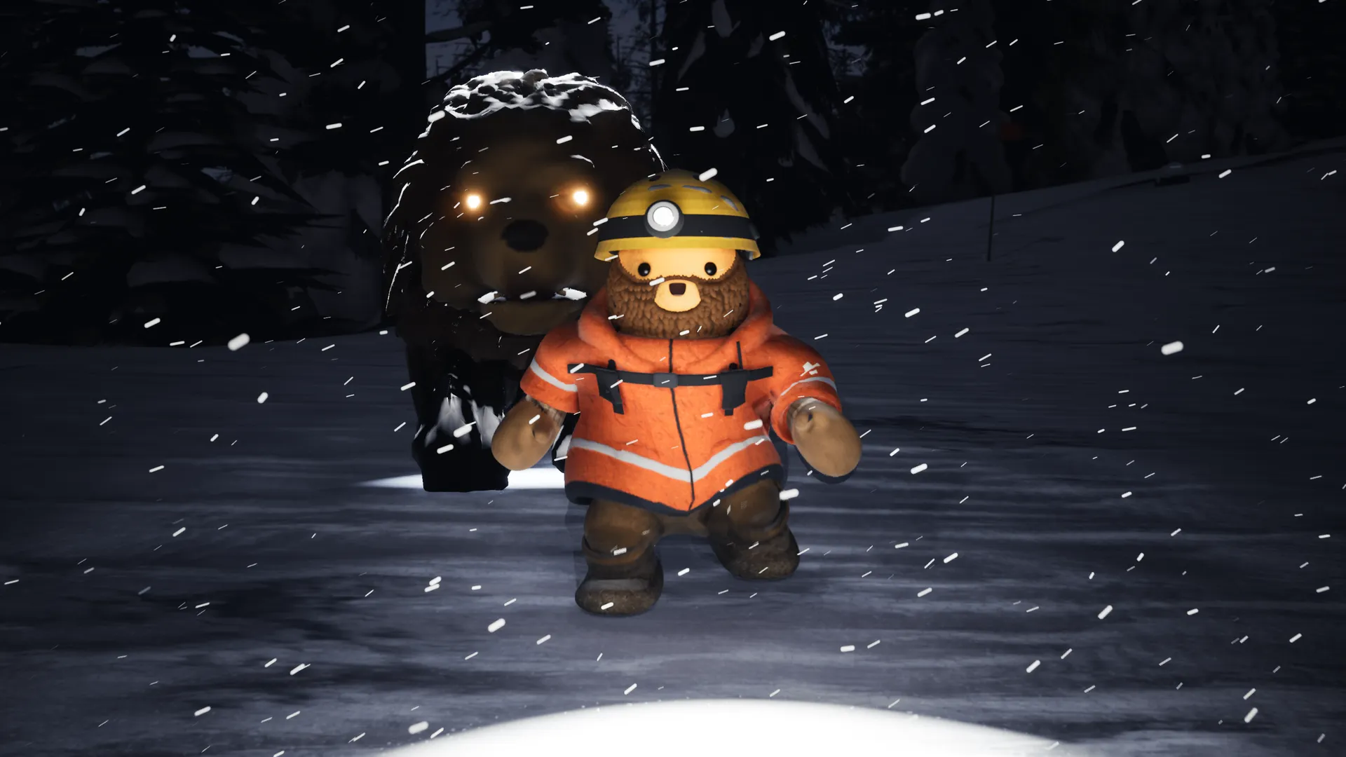 A bear with glowing eyes chases a rescuer through a blizzard
