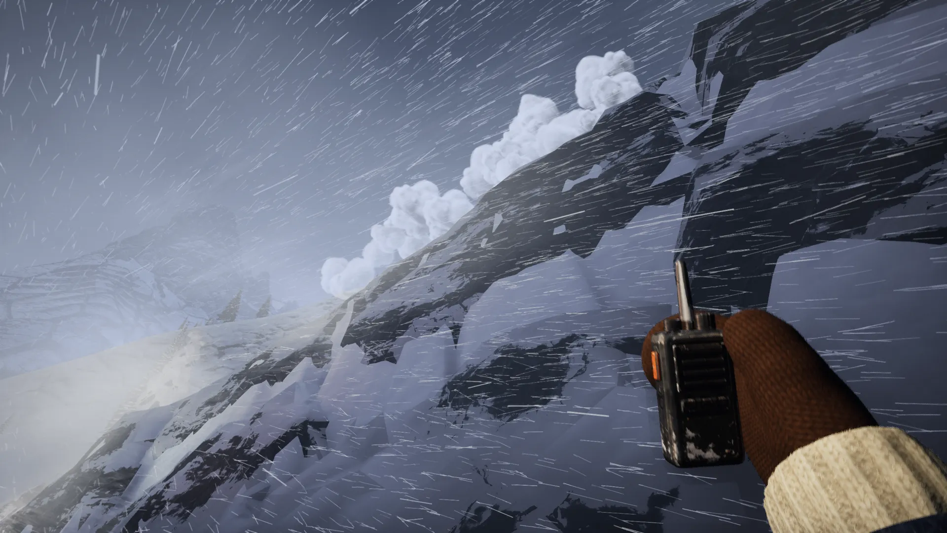 An avalanche pours down the slope while a rescuer holds a radio
