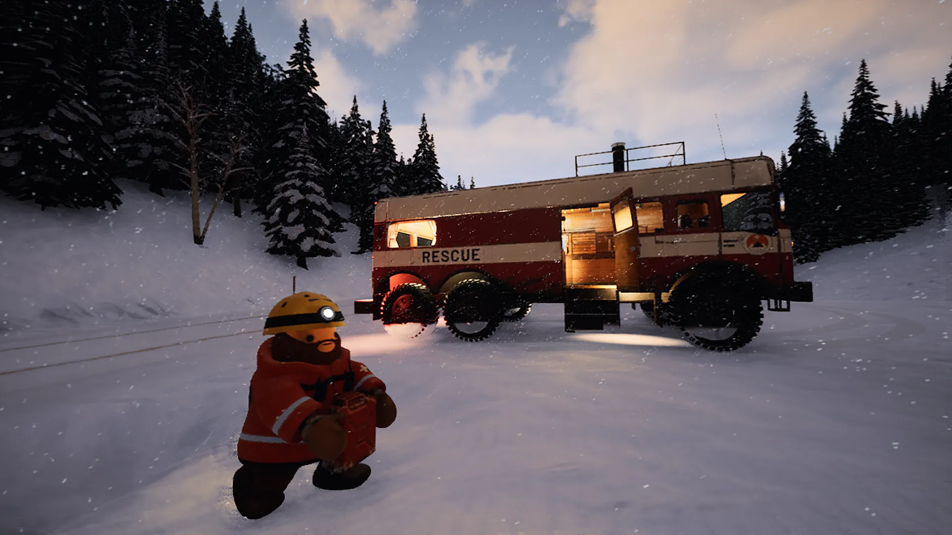 The red six-wheeled rescue van parked in a snowy forest by day