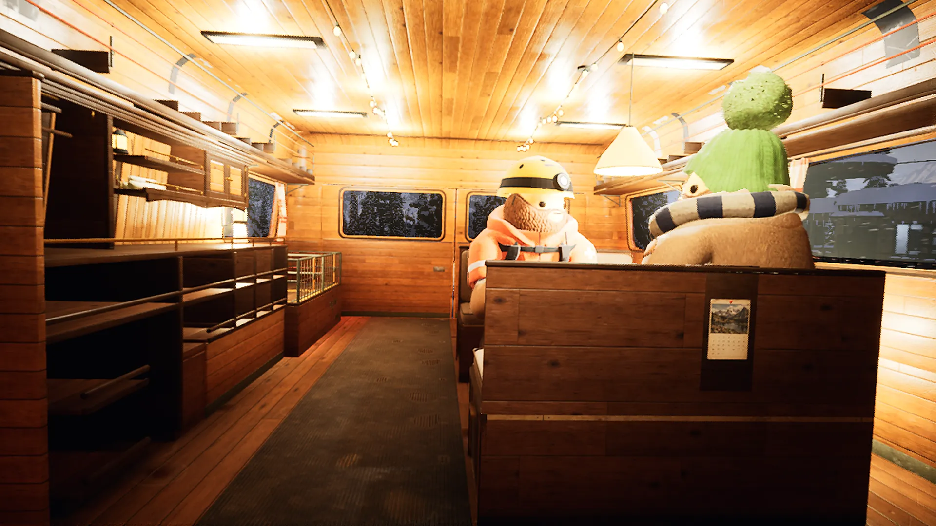 The warm wooden interior of the rescue van with two rescuers inside