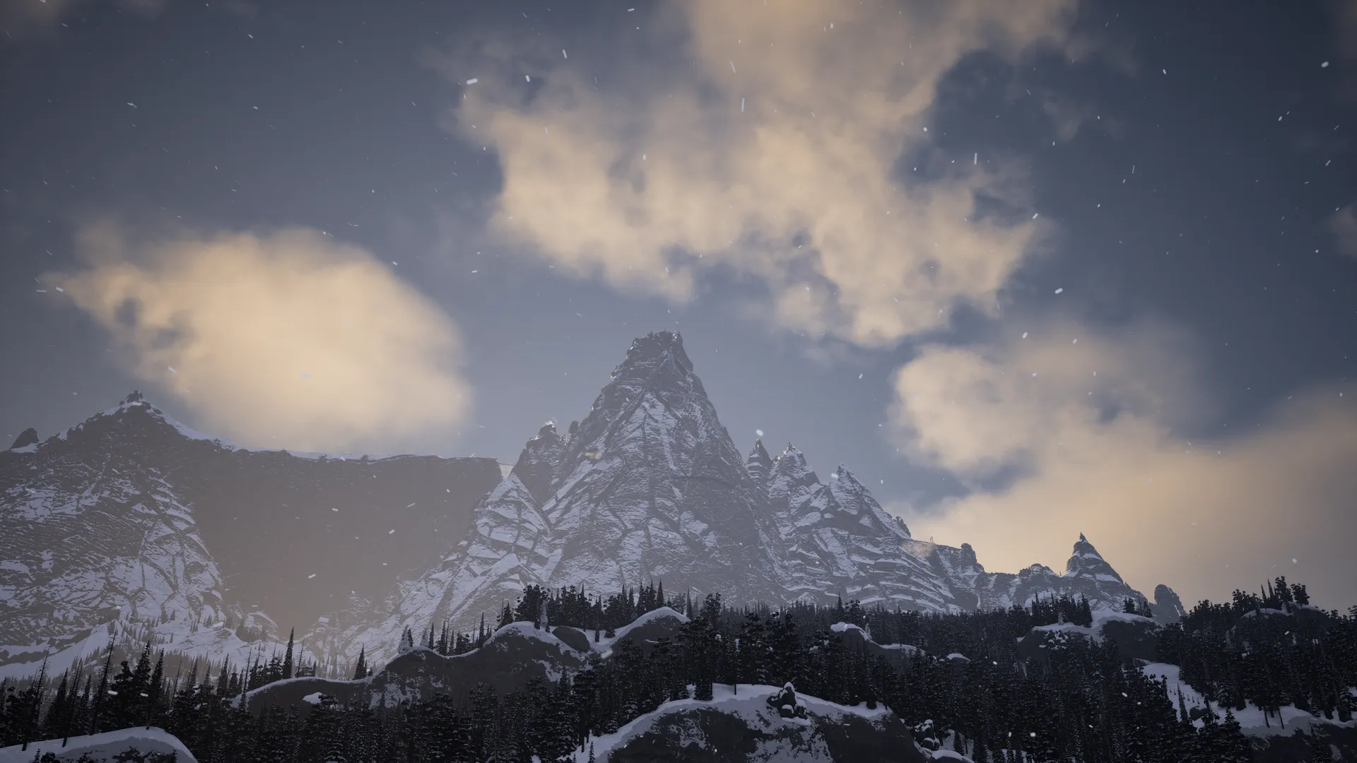 Black Tooth Peak rises above the forest under a cloudy sky